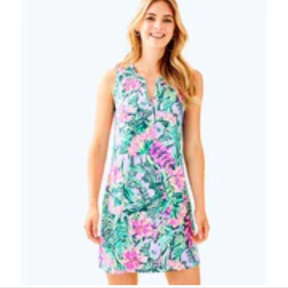 Lilly Pulitzer Slathouse Soiree Essie dress green/purple tropical floral print S